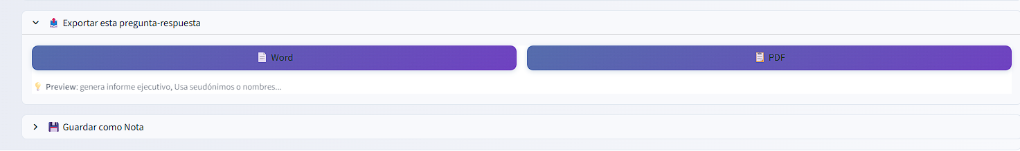 Botones de exportación directa del chat: Word, PDF, Excel con la respuesta generada